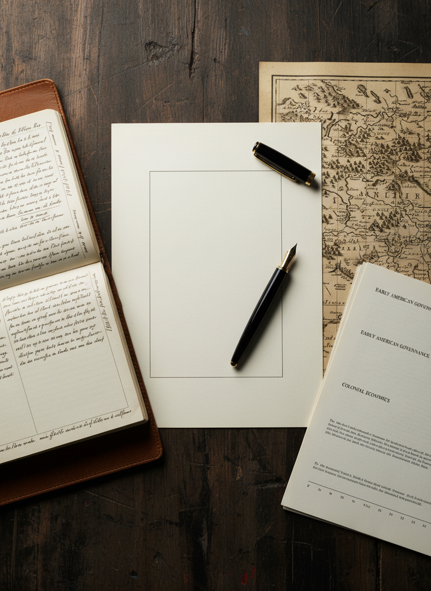A carefully curated flat-lay composition of historical research tools arranged on a dark, textured tabletop: a high-quality fountain pen resting on a clean title page labeled only by a centered blank space, a bound notebook filled with neat marginal notes, a period-accurate reproduction of an 18th-century U.S. colonial map, and a stack of printed pages with visible section headings and footnote lines. Overhead, soft studio lighting creates even illumination with delicate shadows defining each object. The photographic realism emphasizes fine details such as paper fibers and ink sheen, with a minimalist, sophisticated mood that symbolizes the craft of writing the 333 U.S. history paper and other original student research.