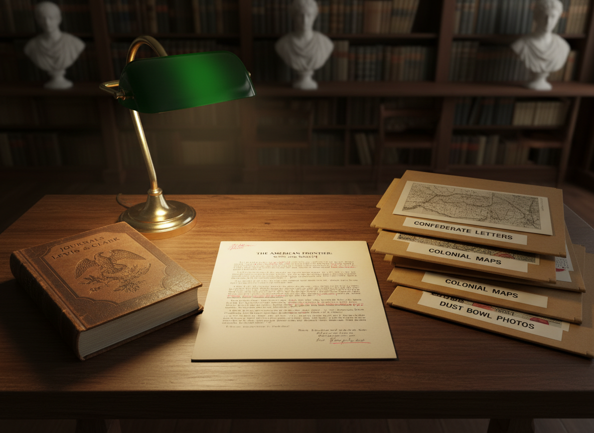 A meticulously arranged wooden seminar table covered in archival U.S. history materials: a thick, typewritten research paper with crisp, cream-colored pages, a worn leather-bound primary source volume, and several neatly stacked manila folders brimming with facsimile documents and maps. A brass library lamp with a green glass shade casts focused, warm light across the paper, revealing annotations and underlining, while the surrounding paneled walls and tall shelves fade into soft blur. Photographic realism from a slightly elevated angle, with a calm, scholarly atmosphere and rich, subdued tones, emphasizing rigorous student historical research in a serious academic setting.