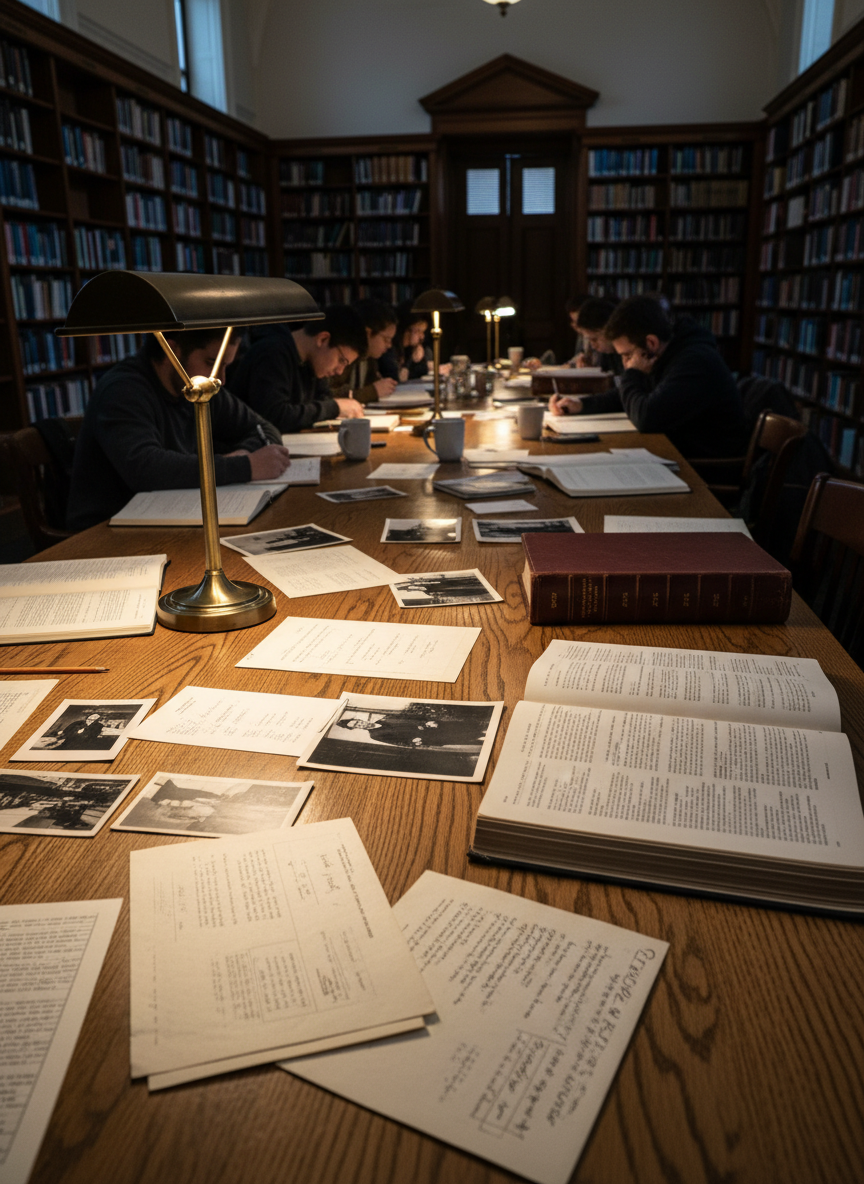 A long oak reading table in a historic college library, its surface filled with organized clusters of documentary evidence about a pivotal U.S. historical event: declassified government memorandum reproductions, black-and-white photograph prints, and bound volumes of congressional records. A slender metal desk lamp provides dramatic side lighting, illuminating the texture of the paper and the subtle grain of the wood, while rows of shadowed bookshelves extend into the background. Photographic realism, shot from a low, oblique angle that draws the eye along the table toward the vanishing point, creating a serious, immersive atmosphere that conveys depth, rigor, and the collaborative spirit of a student history journal.