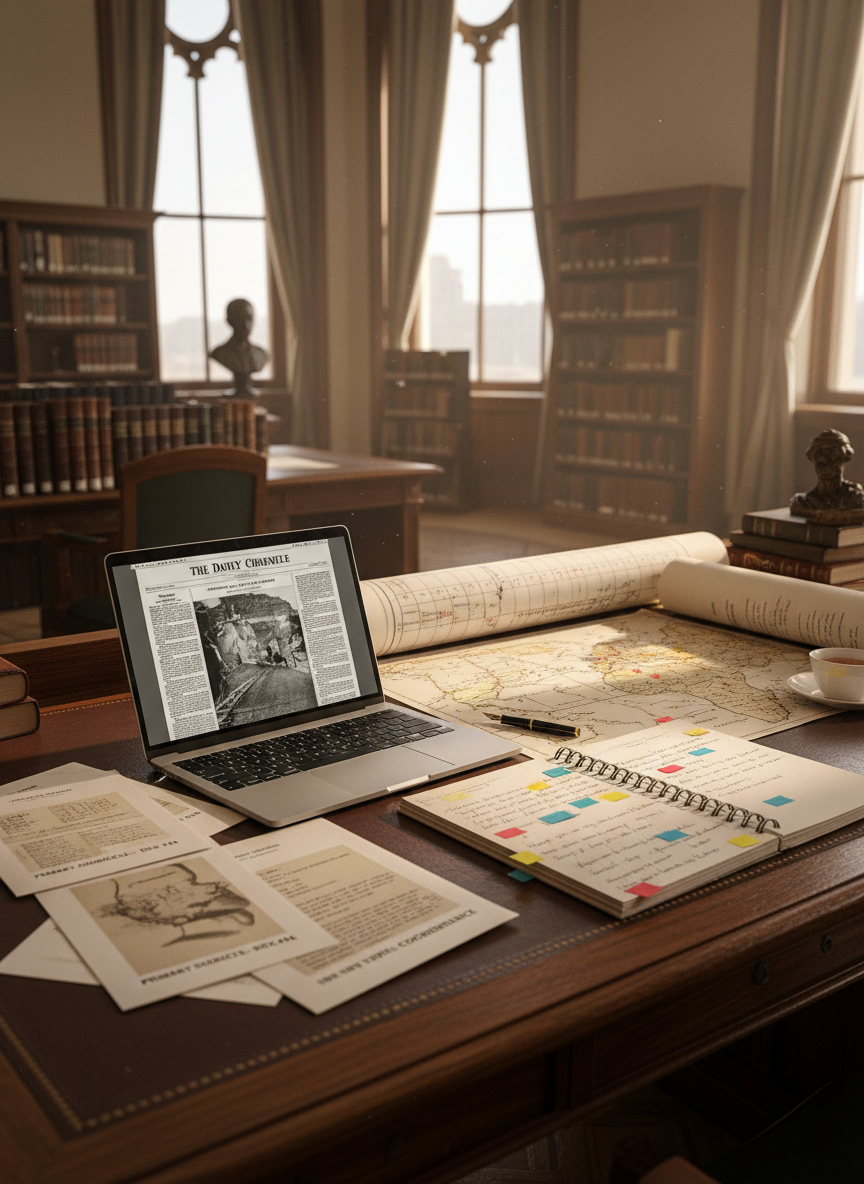 An elegant study desk in a quiet academic library, featuring a sleek, open laptop displaying a grayscale scan of an early 20th-century U.S. newspaper alongside a spiral-bound draft of a history paper marked with color-coded sticky flags. Surrounding the devices are printed primary source packets, a detailed timeline chart, and a vintage-style U.S. map with key regions subtly highlighted. Soft, diffused afternoon light filters through tall mullioned windows, casting gentle shadows on the desktop. Photographic realism with an eye-level composition and moderate depth of field, creating a sophisticated, contemplative mood that evokes meticulous student historical analysis and the transition from archival sources to polished research writing.